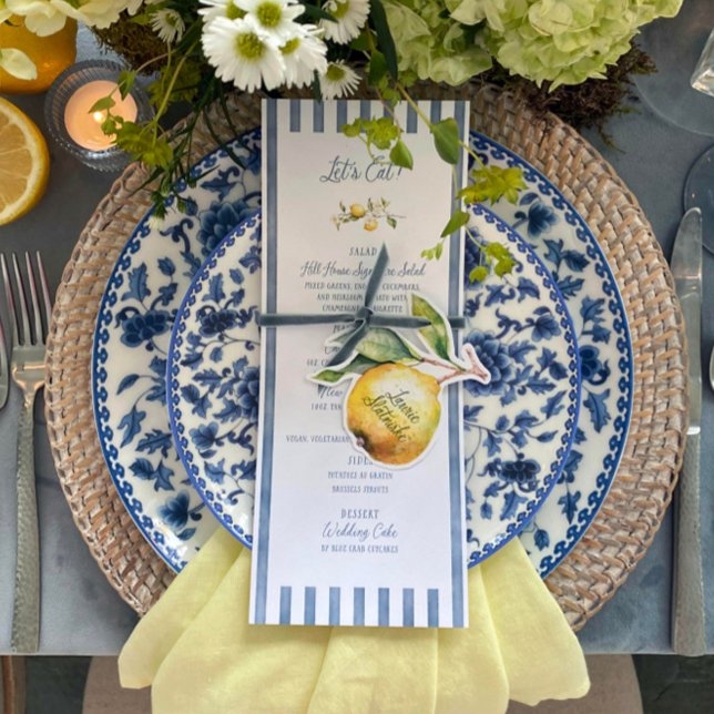 La Dolce Vita Lemon Floral Wedding Flat Menu Menükarte (Elevate your wedding table with this lemon-themed menu, featuring watercolor artwork.)