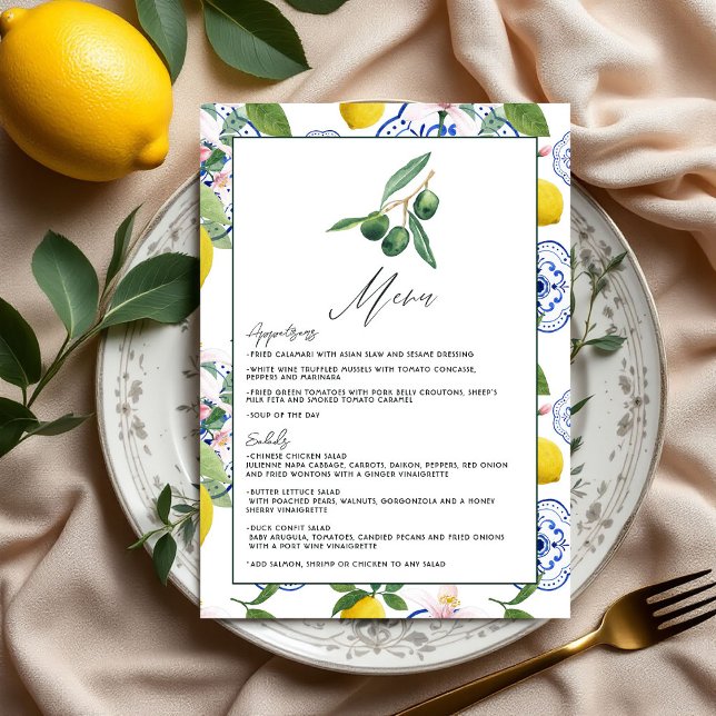 La Dolce Vita Lemon & Olive Mediterrane Hochzeit Menükarte (La Dolce Vita Lemon and Olive Mediterranean Wedding Menu)