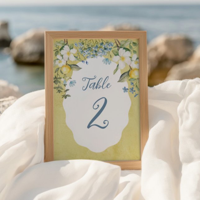 La Dolce Vita Lemon Wedding Table Card Tischnummer (Lemon floral table number card fits beautifully into a picture frame for wedding or party décor.)