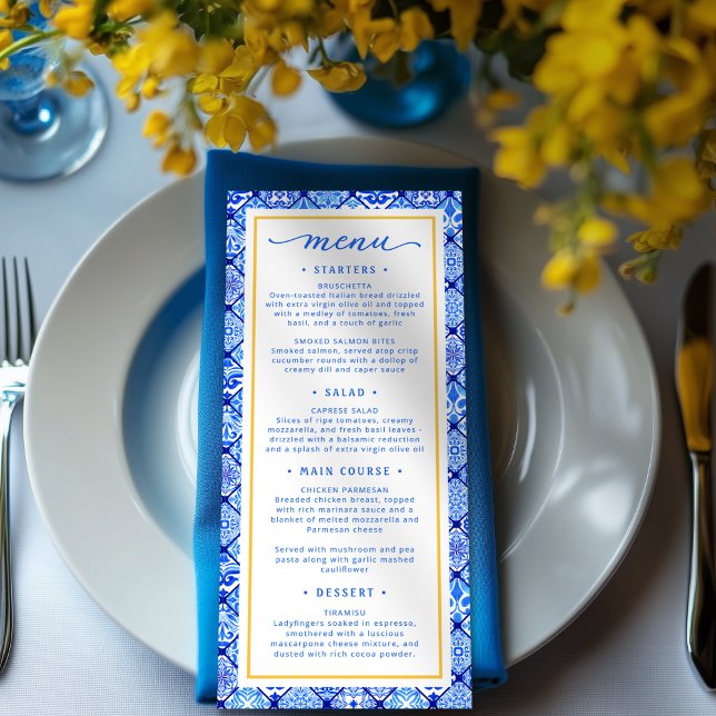 La Dolce Vita Mediterrane Brautparty Menükarte (Shown on a 4" x 9" menu card)