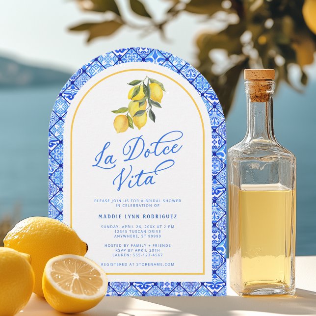 La Dolce Vita Mediterranes Brautparty Einladung (Shown on a 5" x 7" invitation with Arch Corner Style)