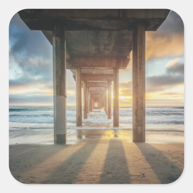 La Jolla, Scripps Pier bei Sonnenuntergang | San D Quadratischer Aufkleber (Vorderseite)