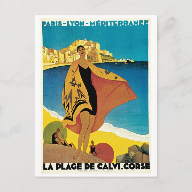 La Plage de Calvi, Frankreich, Vintage Reiseplakat Postkarte (Vorderseite)
