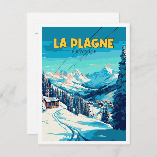 La Plagne France Vintage Illustration Postkarte (Vorne/Hinten)