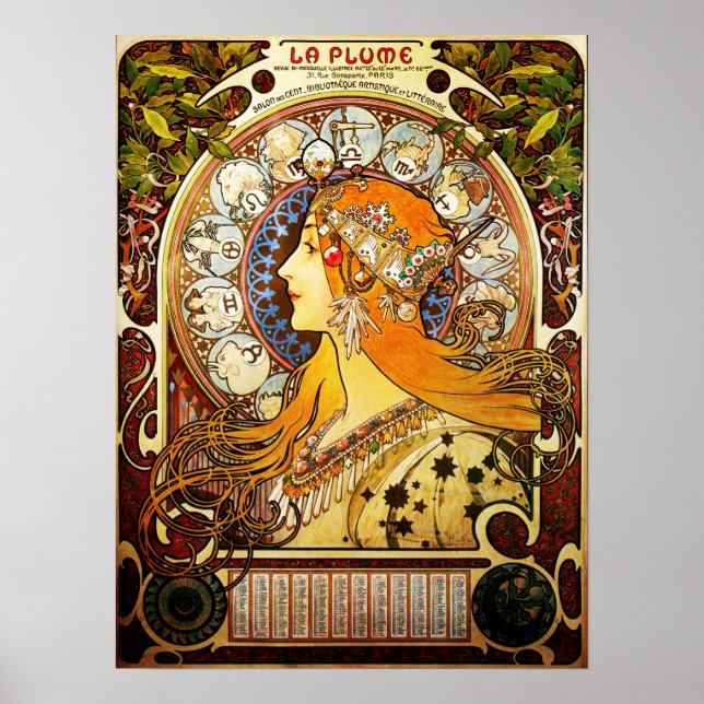 LA PLUME ZODIAC von Alphonse Mucha Art Nouveau Poster (Vorne)