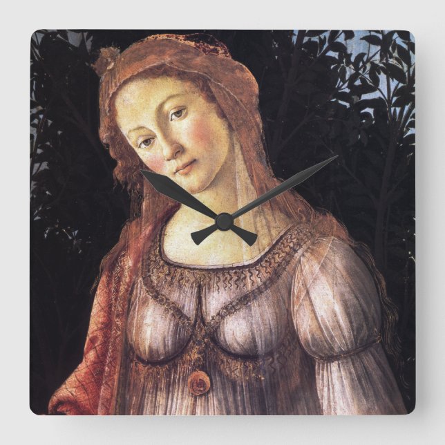 La Primavera von Sandro Botticelli Quadratische Wanduhr (Vorderseite)