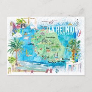 La Reunion Illustrierte Insel-Reisekarte  Postkarte