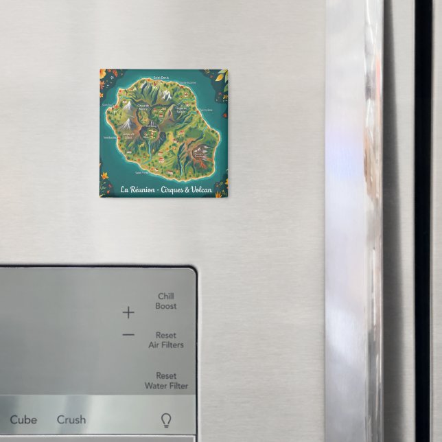 La Réunion – Kreise & Vulkan | Illustrierte Karte Magnet (In Situ (Kühlschrank))