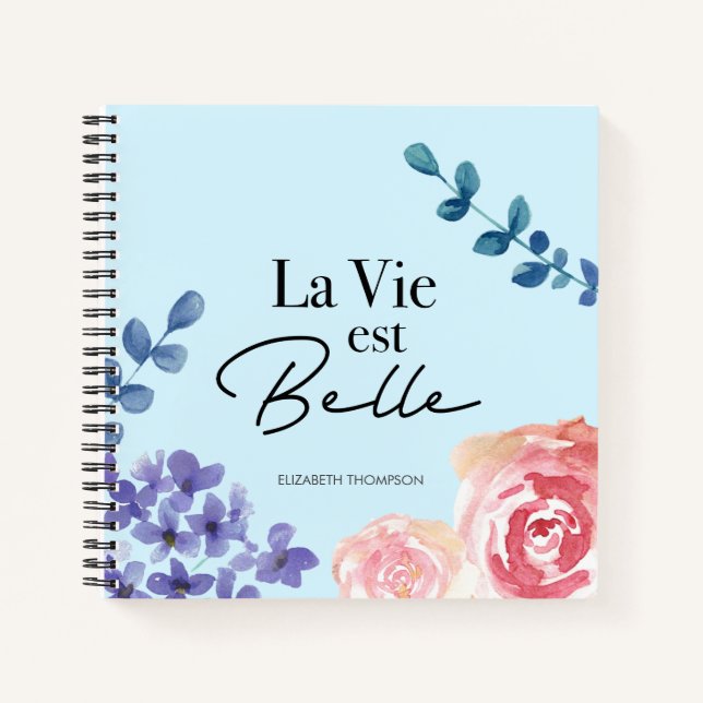 La vie est belle florale Aquarellfarben Blau Notizbuch (Vorderseite)