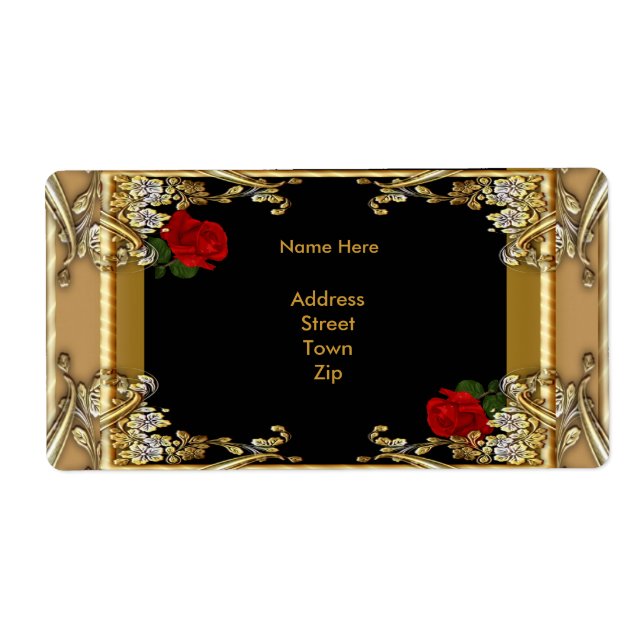 Label-Adresse Elegante Black Gold-Rote Rose (Vorne)