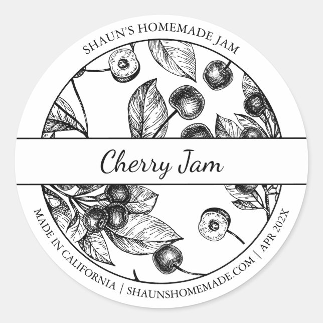 Label "Black & White Sketch Cherry" Runder Aufkleber (Vorderseite)