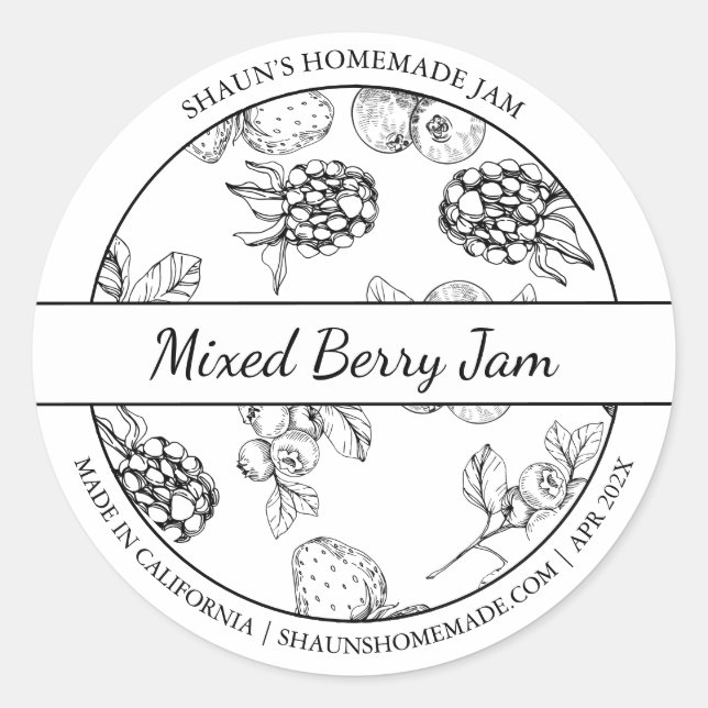 Label "Black & White Sketch Mixed Berry Jam" Runder Aufkleber (Vorderseite)