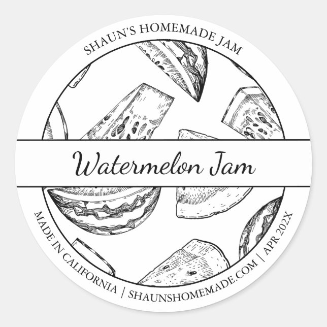 Label "Black & White Sketch Watermelon" Runder Aufkleber (Vorderseite)