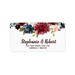Label für Wasserfarbe Burgundy Red Navy Floral Add Adressaufkleber