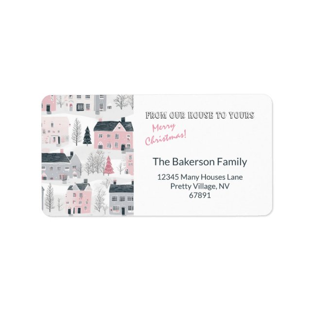 Label für weiße, graue, rosafarbene Weihnachtshäus Adressaufkleber (Vorne)