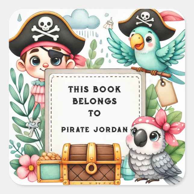 Label Pirate Themed "This Book gehört to Pirate" Quadratischer Aufkleber (Vorderseite)