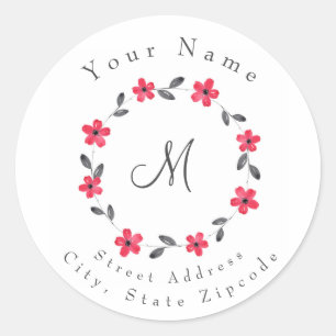 Label "Red Gray Black Watercolor Floral Wreath" Runder Aufkleber