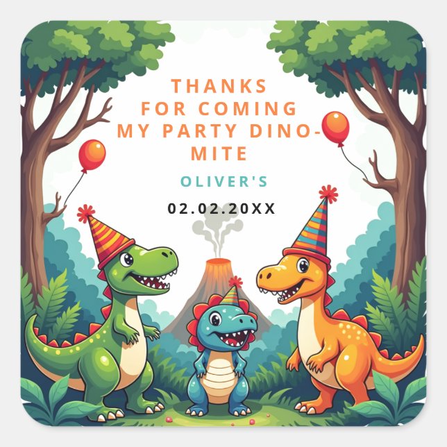 Labels Dinosaur Geburtstagsparty Danke Stickers (Vorderseite)