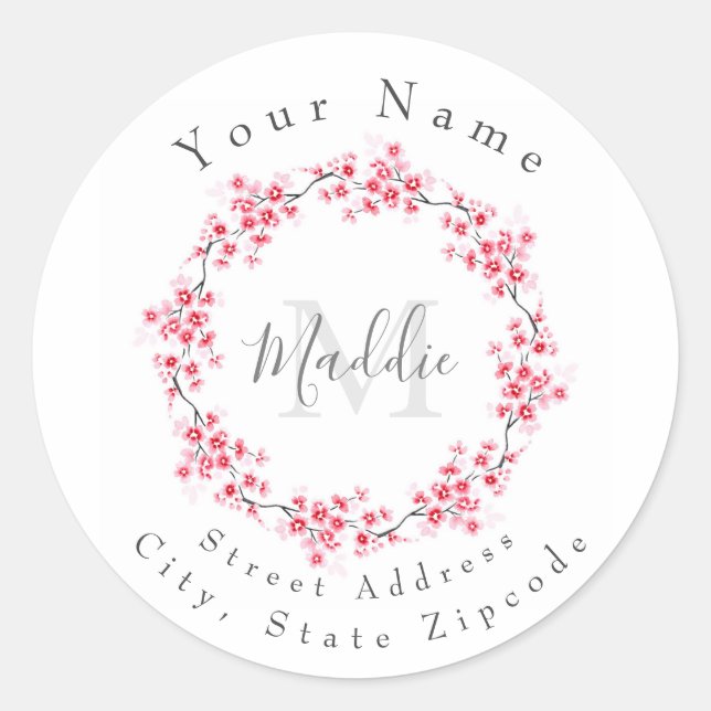 Labels "Watercolor Pink Blossoms Wreath" Runder Aufkleber (Vorderseite)