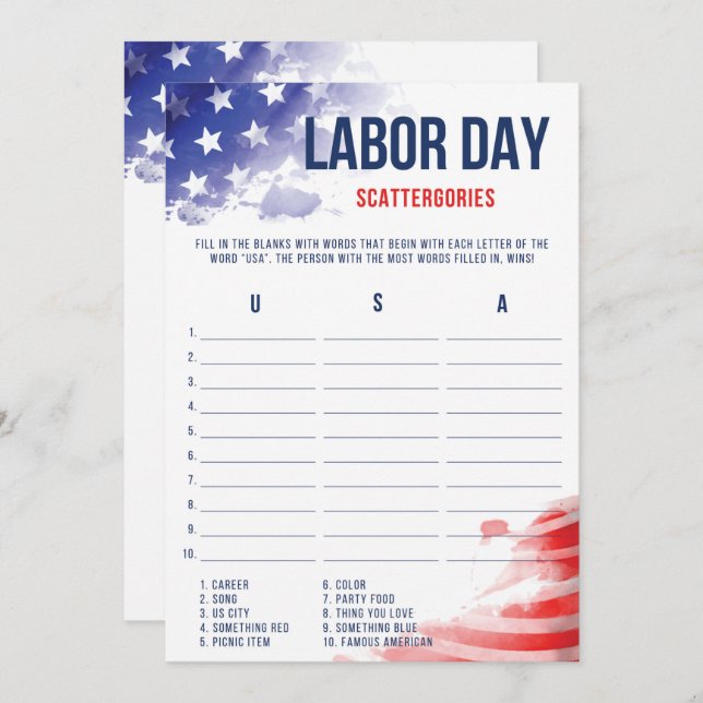 Labour Day Games Patriotic USA Scattergories Game (Vorne/Hinten)