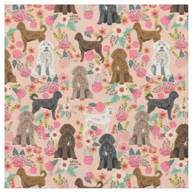 Labradoodal Hund Vintage Blumenpfirsich Stoff (Nahaufnahme)