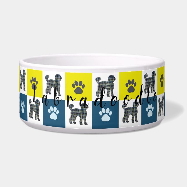 Labradoodle Dog & Paw Yellow & Blue Grid Dog Bowl Napf (Vorderseite)