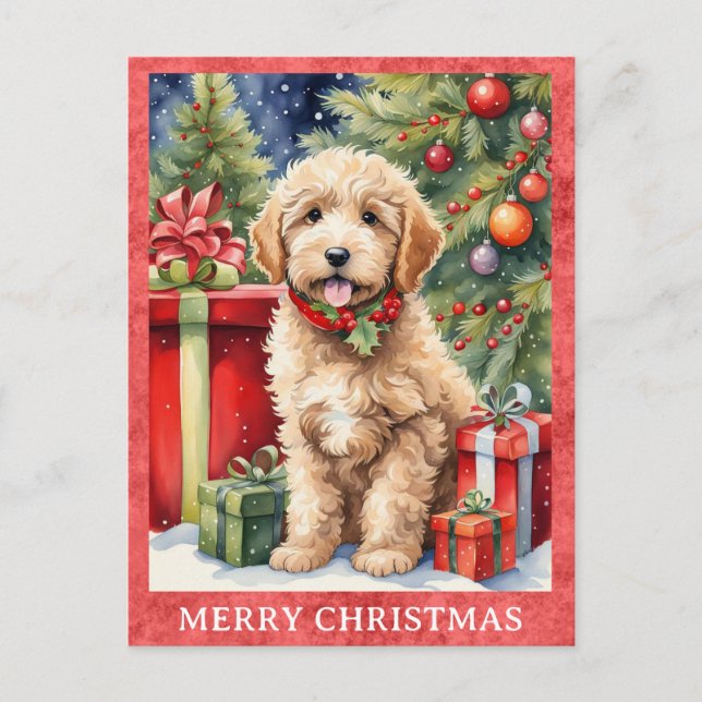 Labradoodle Frohe Weihnachten Niedlicher Welpenhun Postkarte (Vorderseite)