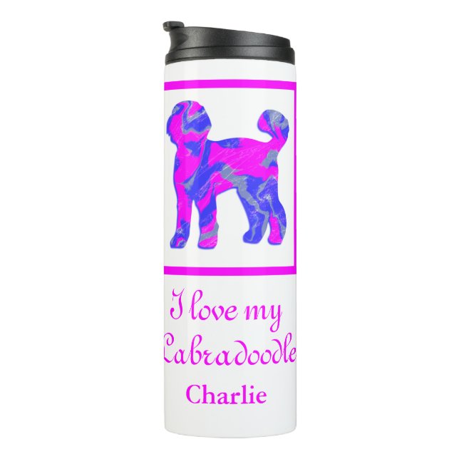 Labradoodle Hund Pink & Blue Silhouette Thermosbecher (Nach rechts gedreht)