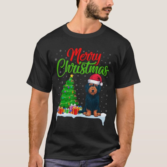 Labradoodle Hund Weihnachtsbaum Lichter Funny Xmas T-Shirt (Vorderseite)