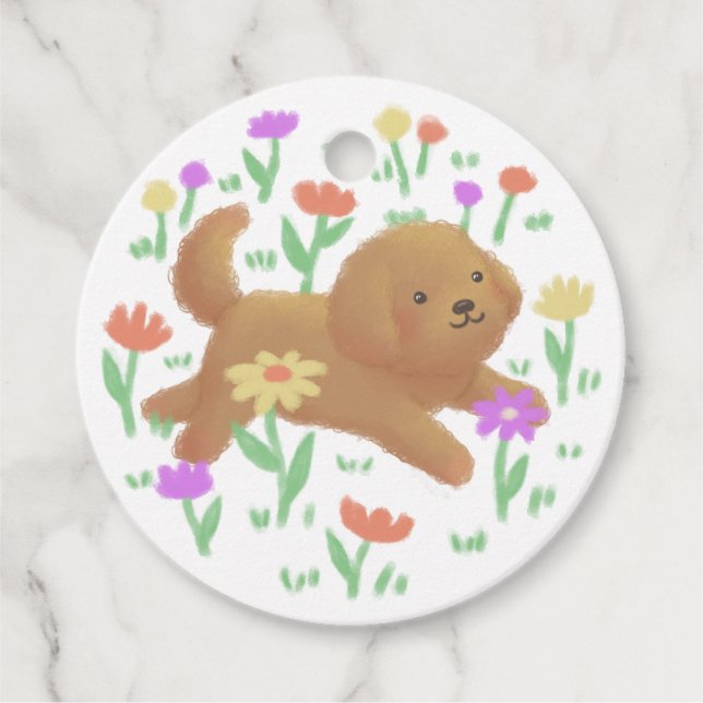 Labradoodle mit Blume Illustration Geschenkanhänger (Vorderseite)