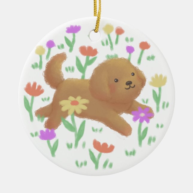 Labradoodle mit Blume Illustration Keramik Ornament (Vorne)