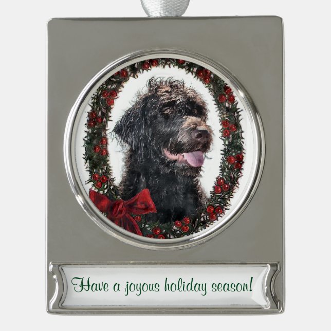 Labradoodle Personalisiert Weihnachten Banner-Ornament Silber (Vorderseite)
