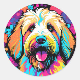 Labradoodle Pop Art Hund mit Blume Runder Aufkleber