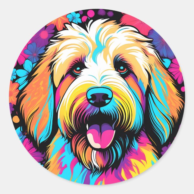 Labradoodle Pop Art Hund mit Blume Runder Aufkleber (Vorderseite)