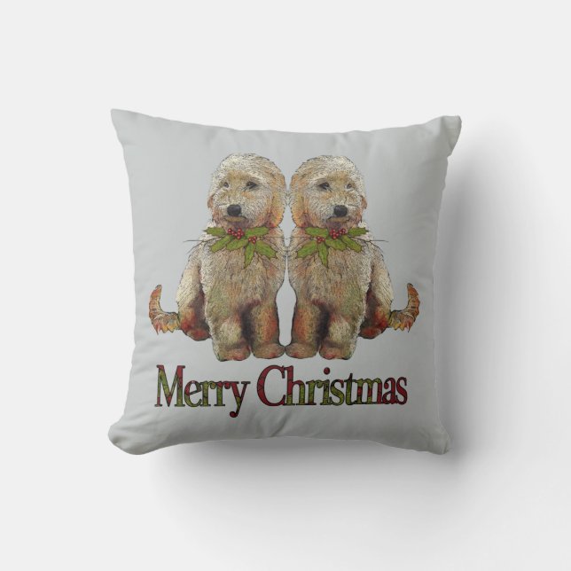 Labradoodle Welpen-Paare mit Weihnachtsstechpalme Kissen (Vorderseite)