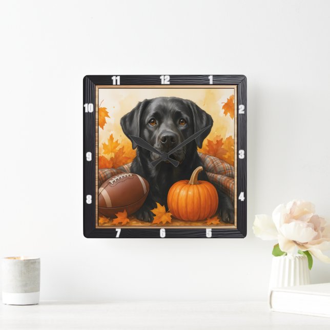 Labrador Autumn Football Pumpkin Quadratische Wanduhr (Zuhause)