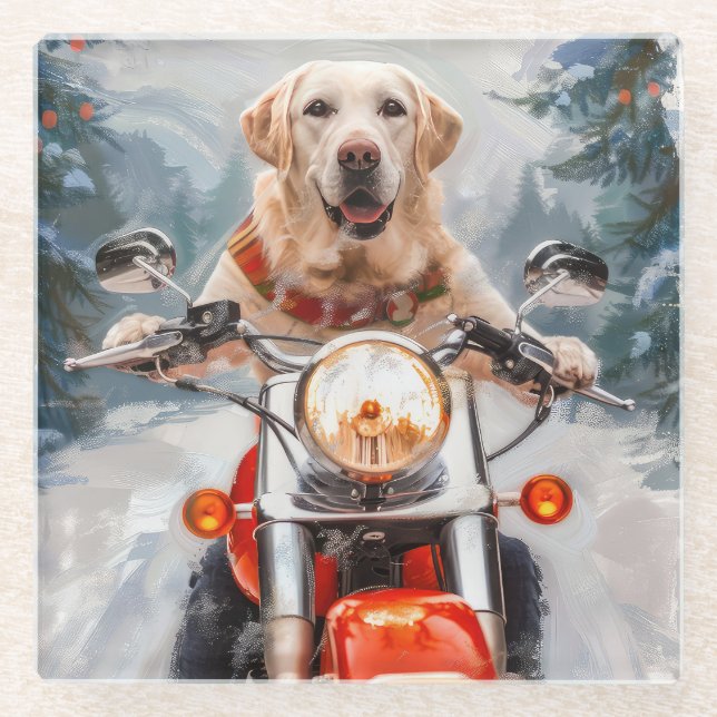 Labrador Dog Riding Motorrad Weihnachten Glasuntersetzer (Vorderseite)