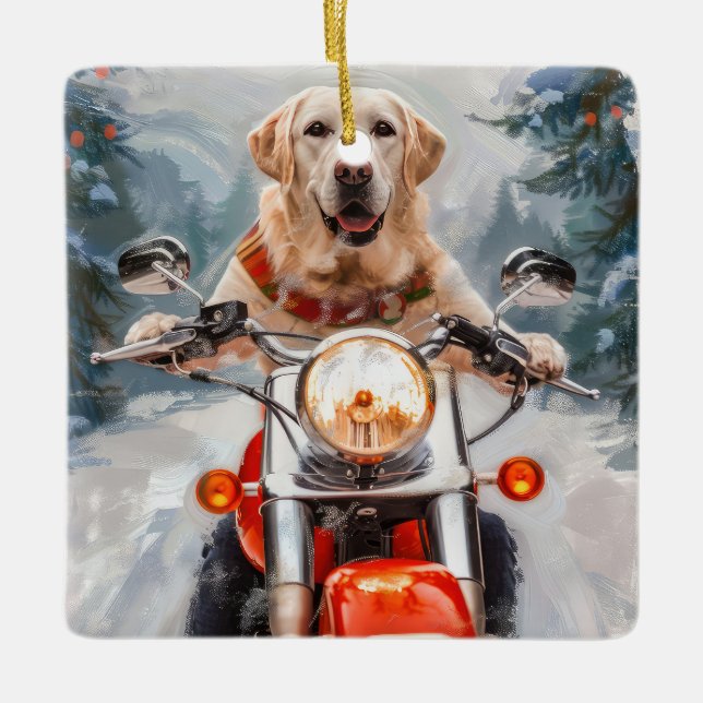 Labrador Dog Riding Motorrad Weihnachten Keramikornament (Vorderseite)