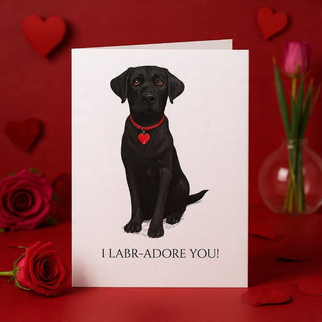  Labrador Dog With Love Heart Adore You Karte (Labrador Dog With Love Heart Adore You Card by Ricaso - Cute black lab pup ideal for valentines)