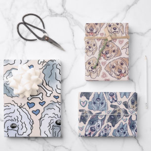 Labrador, Great Dane, Barted Collie handgezeichnet Geschenkpapier Set