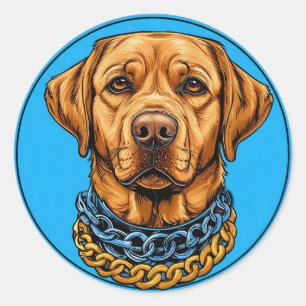 Labrador-Hund auf blauem Hintergrund mit Ketten Runder Aufkleber