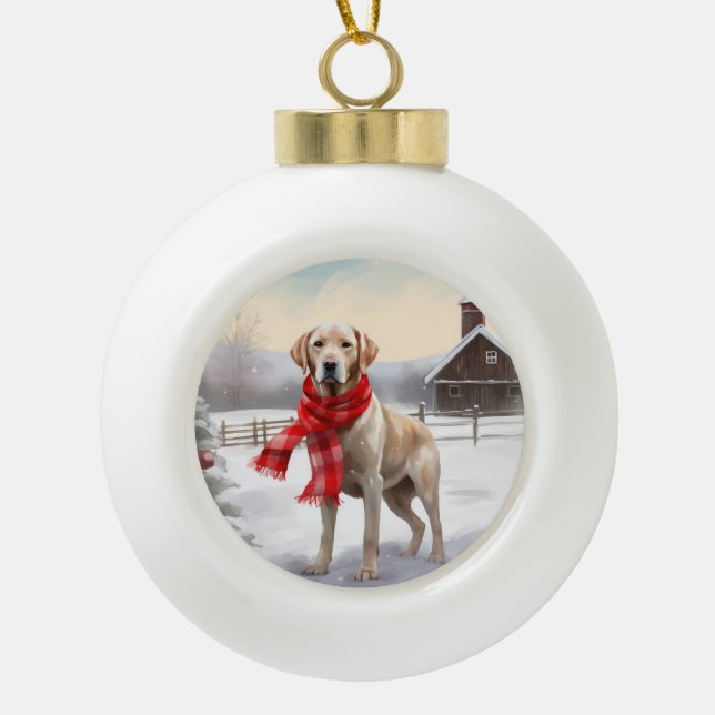 Labrador Hund im Schnee Weihnachten Keramik Kugel-Ornament (Vorderseite)