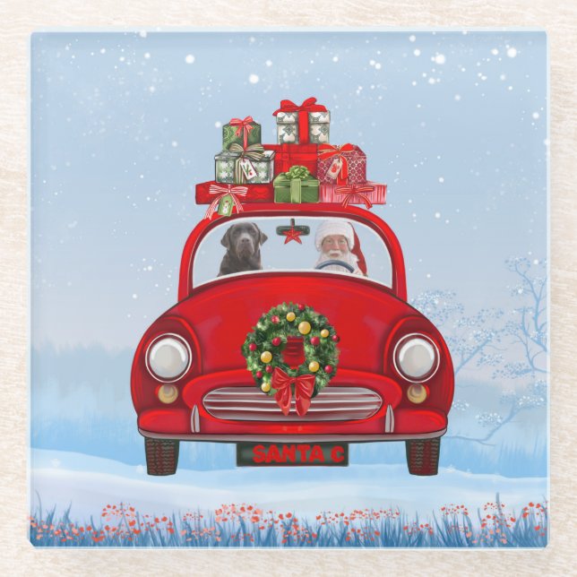 Labrador Hund in Auto mit dem Weihnachtsmann Glasuntersetzer (Vorderseite)