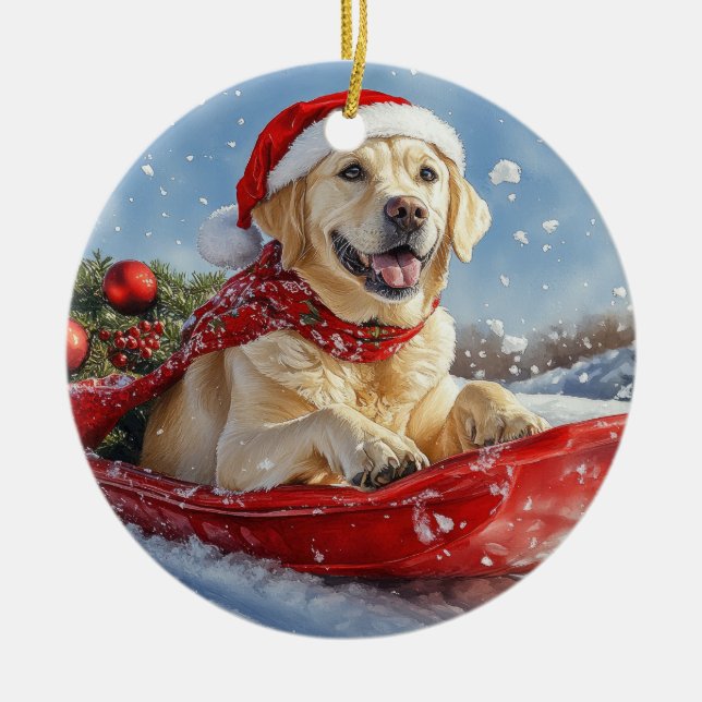 Labrador Hund in Sledge Let it Snow Christmas Keramik Ornament (Vorne)