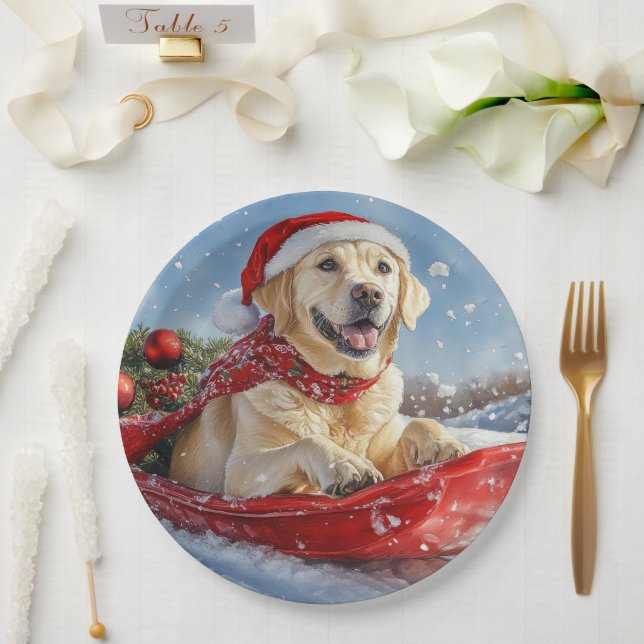 Labrador Hund in Sledge Let it Snow Christmas Pappteller (Hochzeit)