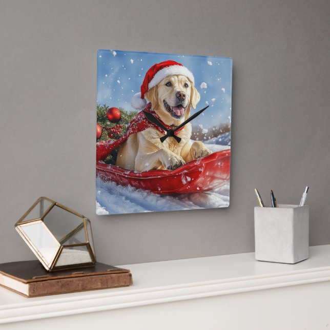 Labrador Hund in Sledge Let it Snow Christmas Quadratische Wanduhr (Büro)