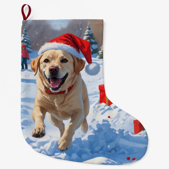 Labrador Hund läuft im Schnee mit Weihnachtshut Großer Weihnachtsstrumpf (Vorderseite)
