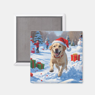Labrador Hund läuft im Schnee mit Weihnachtshut Magnet
