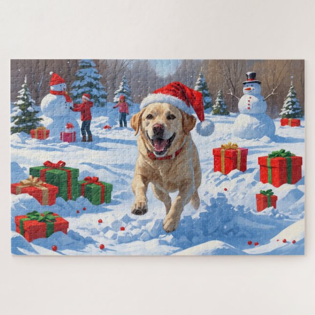 Labrador Hund läuft im Schnee mit Weihnachtshut Puzzle (Horizontal)
