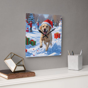 Labrador-Hund läuft im Schnee mit Weihnachtsmütze Quadratische Wanduhr